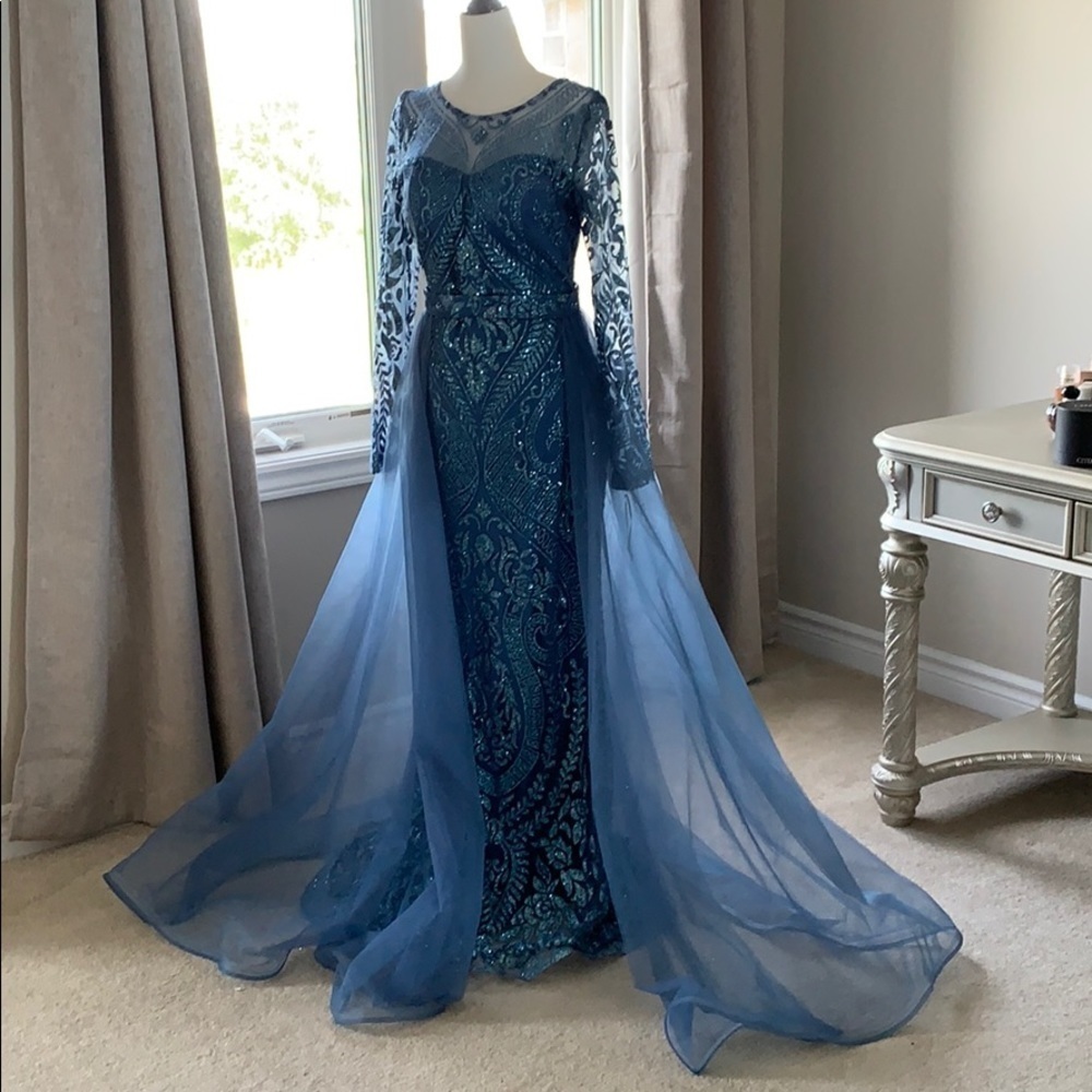NWT Long Sleeve Shiny Blue Dress with Detachable Skirt